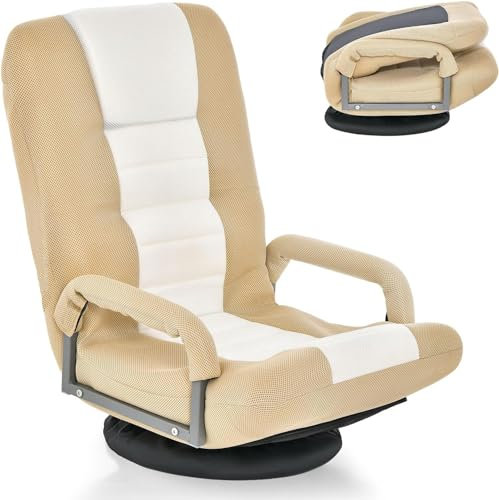 COSTWAY Silla de Suelo con Base Giratorio 360 ° y Respaldo Ajustable en 6 Posiciones Silla de Relax Meditación Sillón Perezoso Carga hasta 140 kg (Beige)