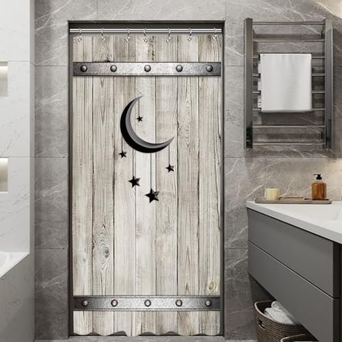 Yookeb Duschvorhang für Stall, Scheunentür, Badezimmer, 91 x 180 cm, Holz, halb klein, Wohnmobil, Vintage, Holz, rustikales Bauernhaus, ländliches Accessoire, Stoff, 7 Kunststoffhaken, wasserdichte
