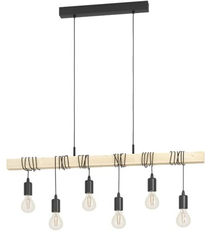 EGLO Pendellampe Townshend, 6 flammige Vintage Pendelleuchte im Industrial Design, Retro Hängelampe aus Stahl und Holz, Farbe Schwarz, braun, FSC Zertifiziert, E27