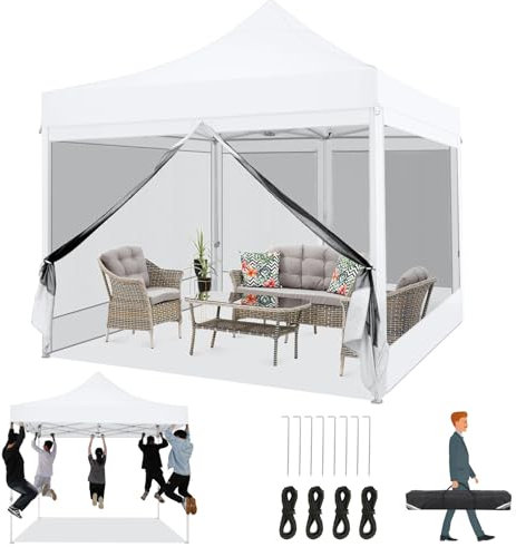 COBIZI Faltpavillon 3x3 Pavillon 3x3m Wasserdicht Stabil, Partyzelt Faltbar mit 4 Seitenwänden Moskitonetz Pop Up Gartenpavillon Anti-UV für Garten, Weiß