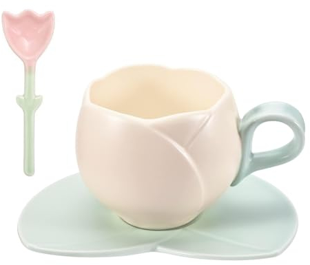 Boarl Tazza da caffè Tulipano, Tazza da caffè in Ceramica A Forma di Tulipano, Tazza da caffè in Ceramica con Piattino, Tazza da tè con Fiori Carini da 10 Oz/300 Ml Manico Comodo (Color : White-A)
