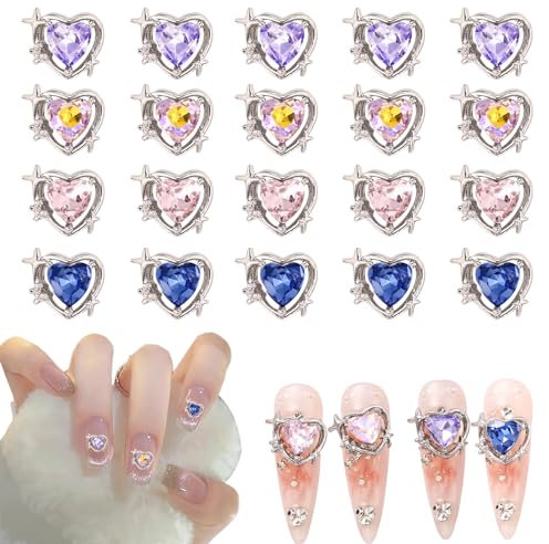 3D Heart Nail Charms, 20 Pcs Love Heart Nail Art Rhinestones Gems Shiny Nail Jewelry Nail Art Decorations for Nail Design DIY Crafts (Multi-Colored A)