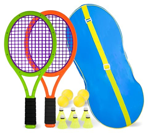 JHuiLap Kinder Tennisschläger Set – Enthält einen Schläger, 4 weiche Schaumstoffbälle, 6 Federbälle und eine Tragetasche – Ideal für Kinder für Outdoor- und Indoor-Sport (Dunkelorangegrün)