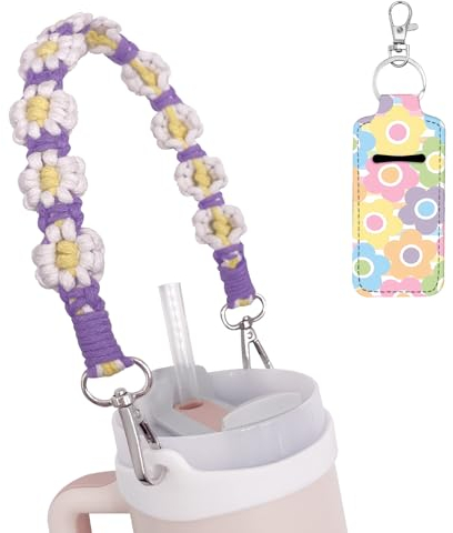 Lingdeer Water Bottle Handle with Lip Balm Holder, Macrame Flowers Water Bottle Sling Holder Lanyard, Carrier with Strap, Fits Most 8-40oz, Compatible with Stanley Cup Accessories