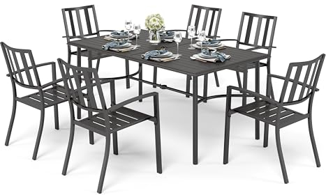 PHIVILLA Garden Table and Chairs - 6 Metal Black Stackable Chairs with Large Rectangle Table - Weather Resistant Patio Dining Set