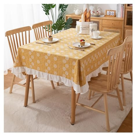 Lieson Rechteckige Tischdecke 140x300 cm, Baumwolle Tischwäsche Abwaschbar Stickerei Blumen Blätter Muster mit Rüschen Rand Tafeldecke für Esszimmer, Garten, Hochzeiten, Gelb
