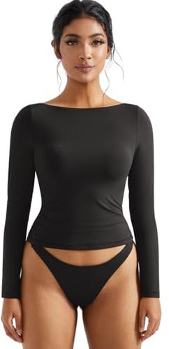 DOULAFASS Boat Neck Double Lined Gym Crop Tops for Women Long Sleeve Tight Basics Going Out Tops Y2K T-Shirt
