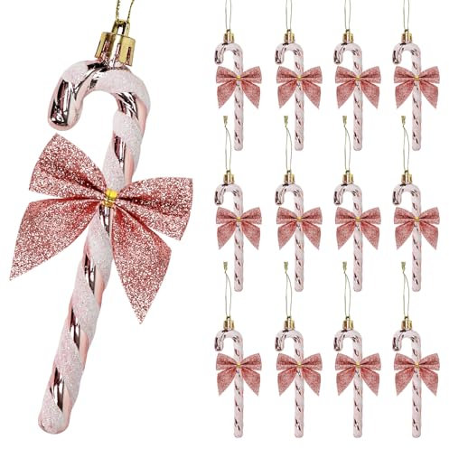 12 decorazioni natalizie a forma di bastoncino di zucchero, 14 cm, con glitter, per albero di Natale, da appendere, ornamento per feste, feste, decorazione per la casa (oro rosa)