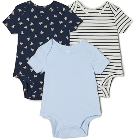 Amazon Essentials x Sofia Grainge Bodies Coupe Classique à Manches Courtes et Col Rond en Coton Mixte bébé, Lot de 3, Bleu Clair/Lapins/Rayures, 12 mois