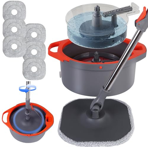 Cubo de fregona separado para agua sucia, mopa giratoria y cubo con mango plegable ampliable, 6 almohadillas de microfibra reemplazables, fregona cuadrada giratoria para limpieza de suelos de madera