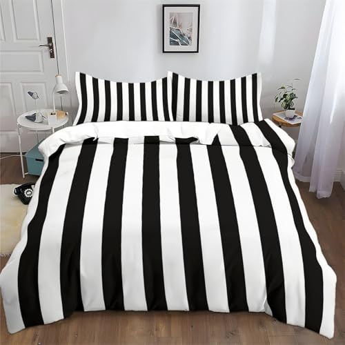 Srigzcaly Schwarz-Weiß Gestreiftes Design Bettwäsche 200 x 220 cm Wendebettwäsche - Bettbezug mit Reißverschluss - Weiche Mikrofaser Deckenbezug 3 Teilig mit 2 Kissenbezug 80x80