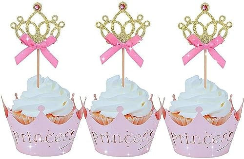 JeVenis 40 PCS Glitzernde Prinzessin Cupcake Toppers Krone Cupcake Wrapper Krone Cupcake Toppers Baby Dusche Cupcake Dekorationen für Geburtstag Party Dekorationen Zubehör