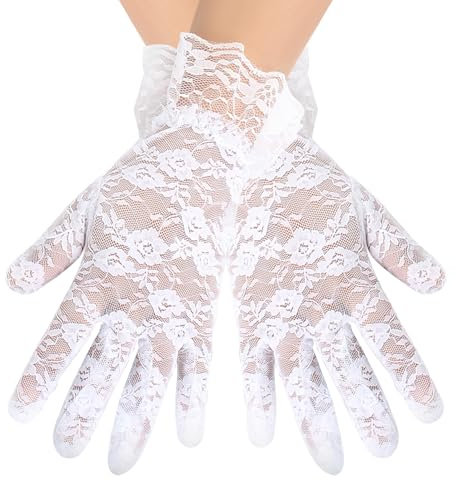 Spitzenhandschuhe für Damen, kurze Brauthandschuhe, florale Spitzenhandschuhe für Damen, kurze Spitzenhandschuhe, elegante Spitzenhandschuhe für Hochzeit, Oper, Teeparty, Abschlussball (Weiß)