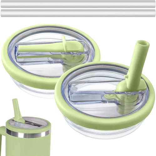 2 Pack 40 oz Tumbler Flip Top Straw Lid Replacement for Stanley Quencher, Leak Proof Spill Proof Reusable Tumbler Lids, Green