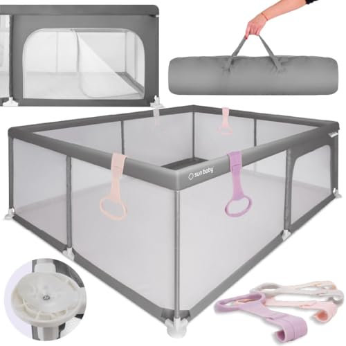 sun baby Laufstall mit rosa Griffen 150x200 cm 0-2 Jahre Grau, Polyester, Netzwände, Eingang mit Reißverschluss, rutschfeste Füße, Tragetasche im Set, Metallrahmen