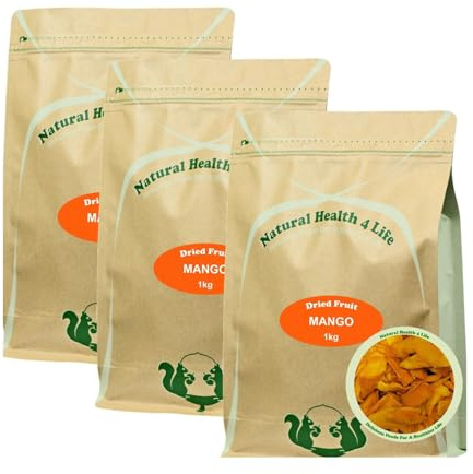 Natural Health 4 Life Pack of 3 Dried Mango Slices 1kg - Large 6-9cm Dried Mango Strips - No Sugar, Vegan & Gluten-Free - Produce of Cambodia.