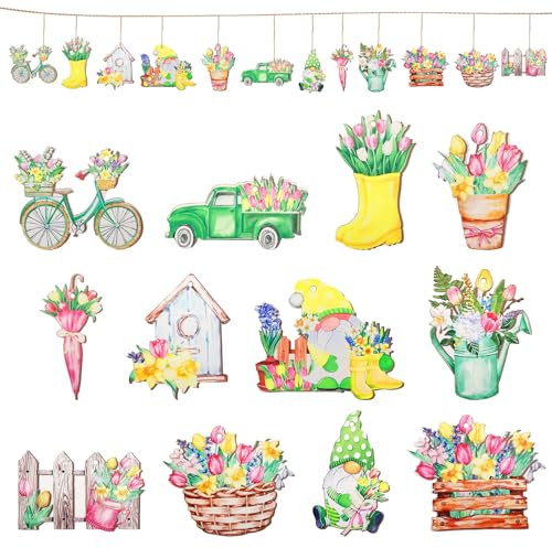 APOMOONS Holz Deko Frühling 12 Stück Frühlingsdeko Deko Frühling zum Aufhängen Hängedeko Holz Anhänger Frühlingsblumen Zwerge, Tulpen für Zweige, Türen, Fenstern, Decken, Gärten, Höfen