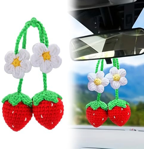 ZWWOGE 2 Stück Gänseblümchen und Erdbeeren Auto Anhänger,rückspiegel anhänger,niedlicher rückspiegel-dekor,Handgestrickter Gänseblümchen-Anhänger,auto deko innenraum,für auto zubehör innenraum frauen