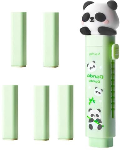 ZHjuju Gomme Effaçable Panda Mignon, 1 Boîte + 5 Recharges, Gomme Rétractable pour Enfants, Bureau, École, Dessin, 10 x 2,5 cm, Cute Stuff, Kawaii，Vert