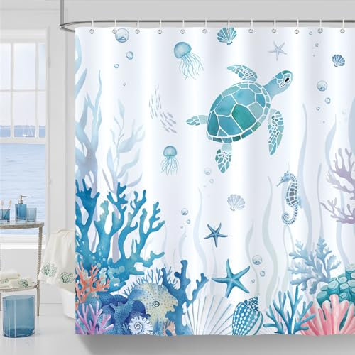 COZZSNUGE Rideau de Douche Tortue Marine, Rideau de Baignoire Côtier Poisson Corail Océan Bleu 183 x 183 cm Polyester Imperméable Résistant à la Moisissure 12 Crochets