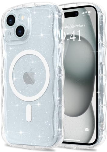 Pepmune Glitzer Handyhülle für iPhone 15 Hülle Kompatibel mit MagSafe Transparent Wellenform Silikon Case Wellen Design TPU Bumper Stoßfest Schutzhülle für Frauen und Mädchen für iPhone 15 Transparent