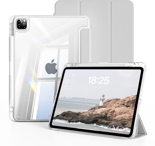 JKSML Klare Hülle für iPad Pro 11 Zoll 4./3./2. Generation – Grau | für 2022/2021/2020 Model, PC Transparenter Rückseite mit Stifthalter, Dünner Stoßfeste, Pencil Aufladung, Schlafen/Wachen