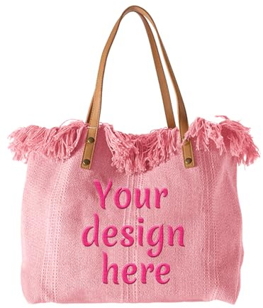 XSTZR Personalisierte Tragetaschen für Frauen, individuelle Strandtaschen mit Namen/Text, individuell bestickte Stroh-/handgefertigte Perlen-Canvas-Tasche (Rosa)