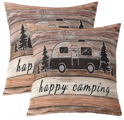 Homemissing Braun Camper Kissenbezüge 45x45cm Glücklich Camping Dekokissen für Kinder RV Camping Auto Camper Zubehör für Reisen Vintage Kissenbezug Ultra Dekor Verschluss