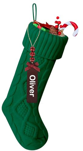 RIVIEVAL Weihnachtsstrümpfe mit Namensetiketten, große personalisierte Strümpfe aus Zopfstrick für Kamin und Baum (45 cm - Grün - 1 Stück)