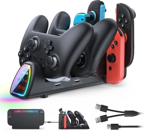 FASTSNAIL 10‑in‑1 Ladestation für Switch 2/1 Pro Controller & Joycon 2/1 | 11 RGB‑Modi, 3h‑Schnellladung, LED‑Status, Touch‑Schalter, 2 USB‑Ports, mit Ladekabel