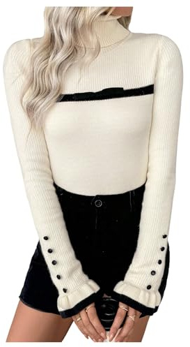 Verdusa Women's Turtleneck Sweater Long Sleeve Ribbed Knit Lightweight Thermal Fitted Knitwear Beige Large