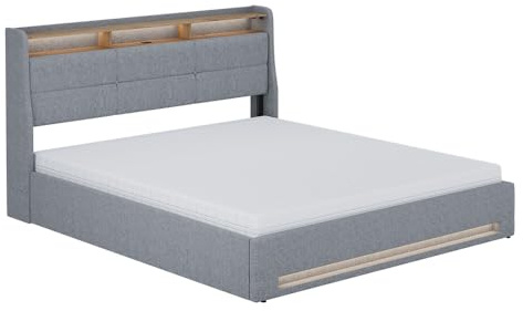 VitaliSpa Polsterbett Christin, Grau/Eiche, 180x200 mit LED, USB-Anschluss & Matratze