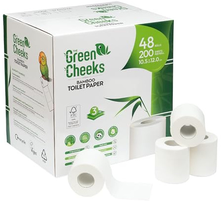 The Green Cheeks Bamboo Toilet Roll 48 Pack 3-Ply | Elemental Chlorine Free | BPA Free PFAS Free Loo Roll | 200 Sheets Per Roll | UK Lab Tested FSC Vegan Bulk Buy
