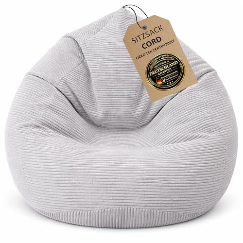 BuBiBag Premium Sitzsack Cord XXL – Fertig befüllt & Oeko-Tex Zertifiziert – Kratzfester Breitcord Gaming Sessel – Robuster Bean Bag für Kinder & Erwachsene – Pflegeleicht (Hellgrau 120x95cm)