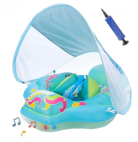 Baby Schwimmring mit Abnehmbaren Sonnendach, Schwimmring mit Sonnenschutz, Aufblasbarer Baby Schwimmreifen UPF 50+, Schwimmtrainer Float für ab 6-36 Monate
