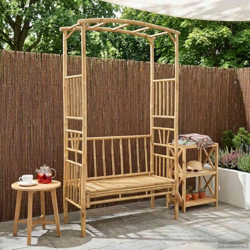 Runheo Gartenbogen mit Bank aus Bambus Natur, 115 x 50 x 205 cm, robuste Pergola Rankhilfe für Garten Balkon Terrasse, dekorativer Torbogen mit Sichtschutz