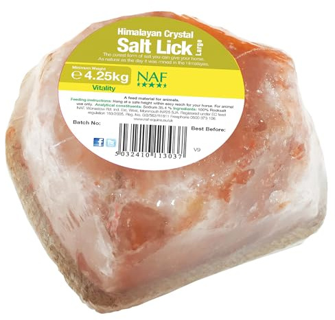 NAF Himalayan Salt Lick Large – 100% Natural Rock Salt Lick for Horses – Rich in Essential Minerals & Electrolytes – Weatherproof & Long-Lasting – With Rope for Hanging in Stable or Field | Horse salt lick made from 100% natural Himalayan rock salt, complete with rope for easy hanging