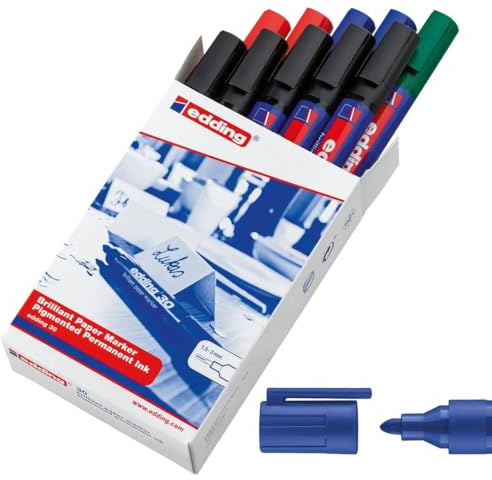 edding 30 brilliant paper marker - multi-coloured - 10 waterproof permanent markers - round nib 1.5-3 mm - vibrant colours - lightfast marking on paper, card, cardboard, plastic, metal and glass