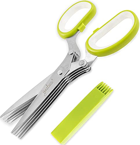 Jenaluca Kräuterschere mit 5 Klingen, Salatschere, Schneiden und Hacken von frischen Kräutern und Blattgrün, Edelstahl-Küchenscheren-Set mit Reinigungskamm und Sicherheitsabdeckung, Küchenhelfer, Grün