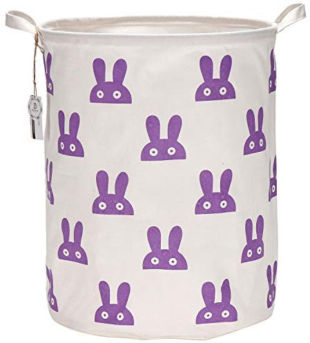 Sea Team 19,7 Zoll große Größe wasserdichte Beschichtung Ramie Cotton Fabric Folding Wäschekorb Eimer Zylindrische Sackleinen Leinwand Aufbewahrungskorb mit stilvollen lila Bunny Design