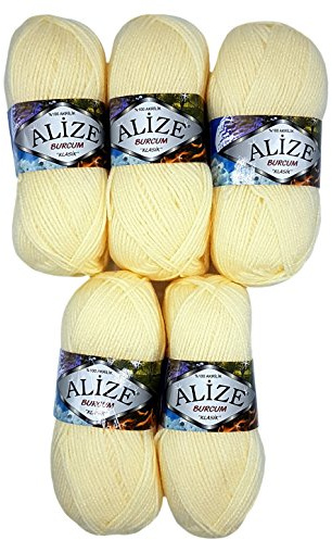 Alize Burcum Klasik 5 x 100 Gramm Wolle einfarbig, 500 Gramm Strickwolle Uni (Creme)