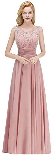 Misshow Robe pour Mariage Invitée Femme Temoin Longue Dentelle Robe de Soirée en Mousseline Florale Sexy Dos Nu Vintage Rose 42