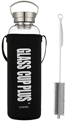sunkey Botella Agua Cristal 2L Grande de Claro Borosilicato Vidrio Portátil Manija Neopreno Funda Bpa Free Reutilizable y Durable