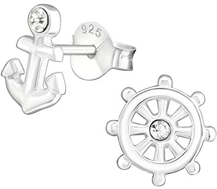 Monkimau Mädchen Ohrringe Anker Steuerrad Ohrstecker aus 925 Sterling Silver echt Silber mit 2 Kristallen