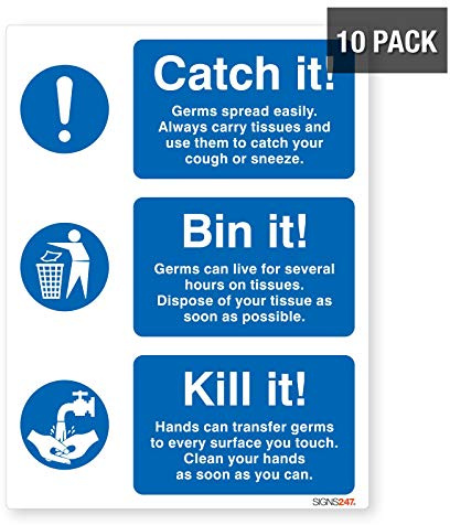 Catch It - Bin It - Kill It Sign - Self adhesive vinyl sticker 200mm x 300mm - Pack of 10