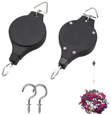 2 Pack Plant Pulley, Retractable Heavy Duty Easy Reach Pulley Plant Hanging Flower Basket Hook Hanger, for Garden Baskets Pots Indoor Outdoor Decoration -Black