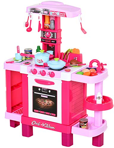HOMCOM Cucina Giocattolo per Bambini con 38 Accessori Inclusi, Gioco con Luci e Suoni Realistici, 78x29x87cm, Rosa