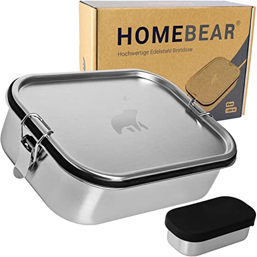 HOMEBEAR® Edelstahl Brotdose | Lunchbox 1200 ml | Set mit Box für Dips | Verschiebbare Trennwand | Auslaufsicher und Plastikfrei | Brotbox Jausenbox