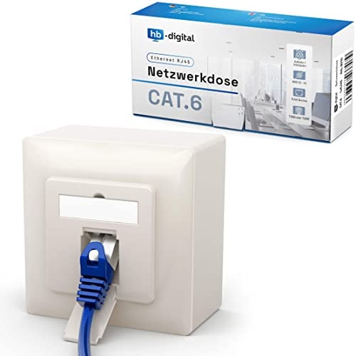 hb-digital 1 x CAT 6 Network Socket, LAN Socket, Universal Junction Box, 1 x RJ45 Port, Surface-Mounted/Flush-Mounted Shielded EIA/TIA 568A&B 8P8C 1 Gigabit Ethernet Network - Pure White