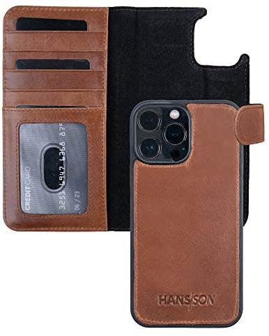 HANS/SON Handyhülle aus Echtleder mit Kartenfächern in Cognac | Braune iPhone 13 Pro Max Klapphülle | Geldbeutel | MagSafe | Stossfest | Seperate Handyhülle | Ledercase mit Kartenfach